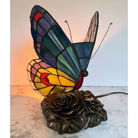 Tiffany Style Butterfly Accent Lamp Night Light Vintage Slag Glass Rose Base - Picture 4 of 16